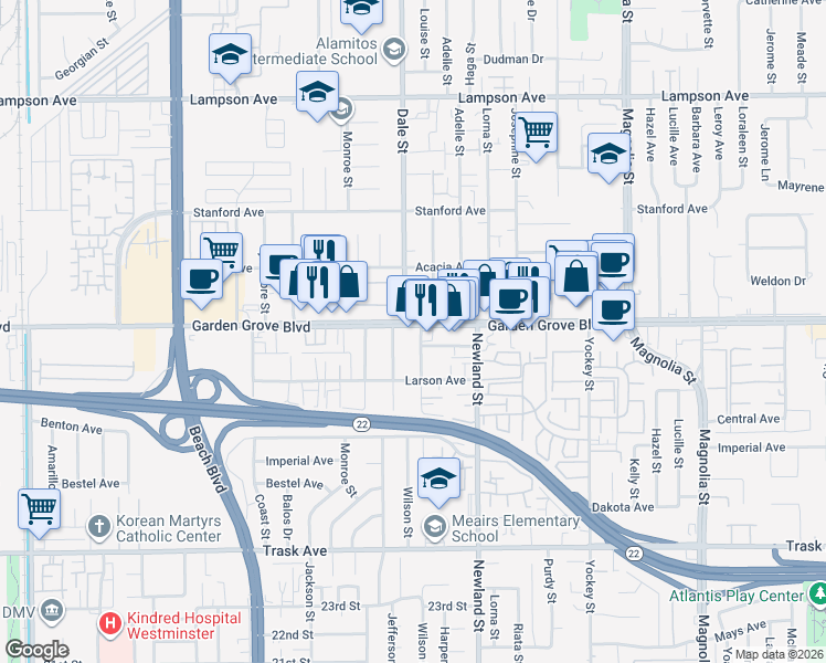 map of restaurants, bars, coffee shops, grocery stores, and more near 8512 Garden Grove Boulevard in Garden Grove