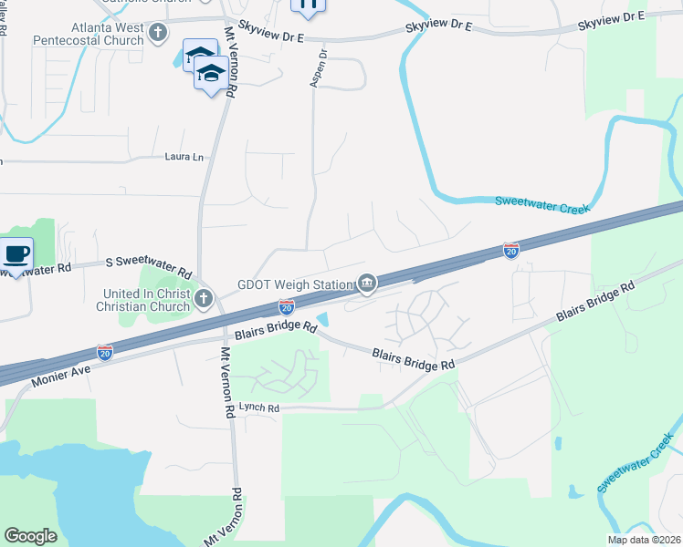 map of restaurants, bars, coffee shops, grocery stores, and more near 1700 Silverdale Lane in Lithia Springs
