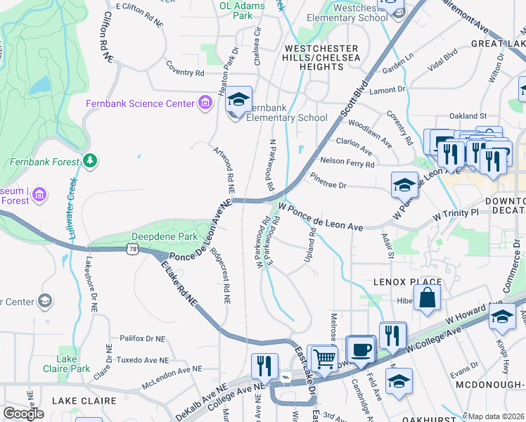 map of restaurants, bars, coffee shops, grocery stores, and more near 2193 West Ponce de Leon Avenue in Decatur