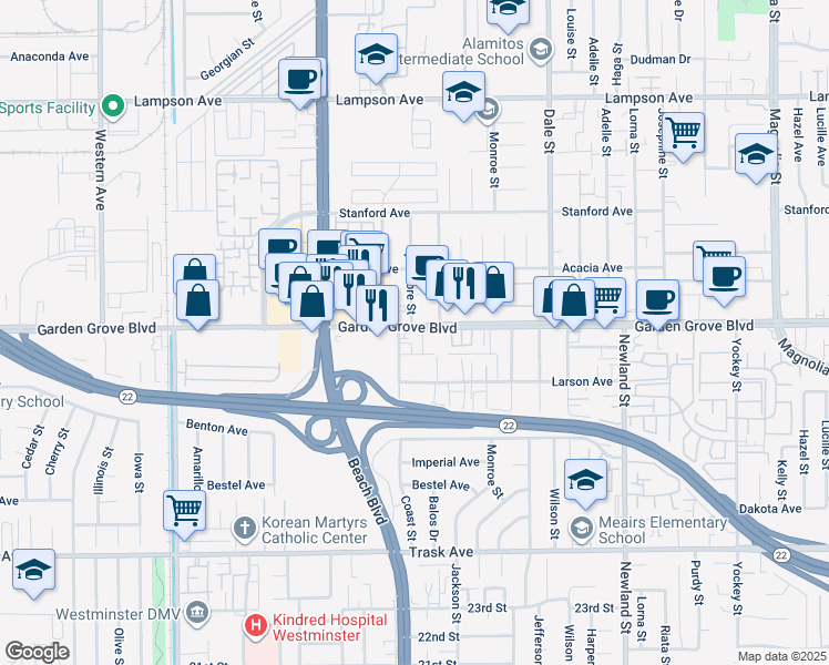 map of restaurants, bars, coffee shops, grocery stores, and more near 8151 West Garden Grove Boulevard in Stanton
