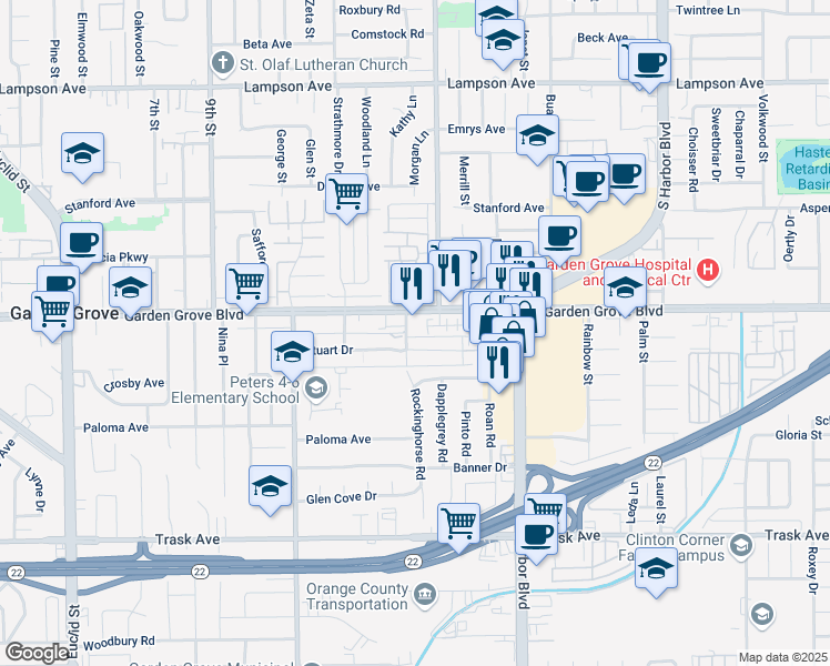 map of restaurants, bars, coffee shops, grocery stores, and more near 11959 Sycamore Lane in Garden Grove