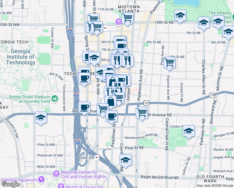 map of restaurants, bars, coffee shops, grocery stores, and more near 715 Peachtree Street Northeast in Atlanta