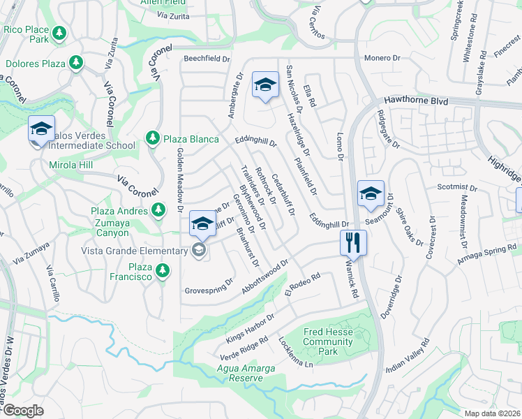 map of restaurants, bars, coffee shops, grocery stores, and more near 28717 Trailriders Drive in Rancho Palos Verdes
