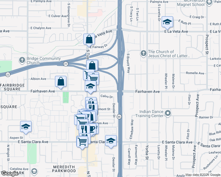 map of restaurants, bars, coffee shops, grocery stores, and more near 1949 East Stearns Avenue in Orange