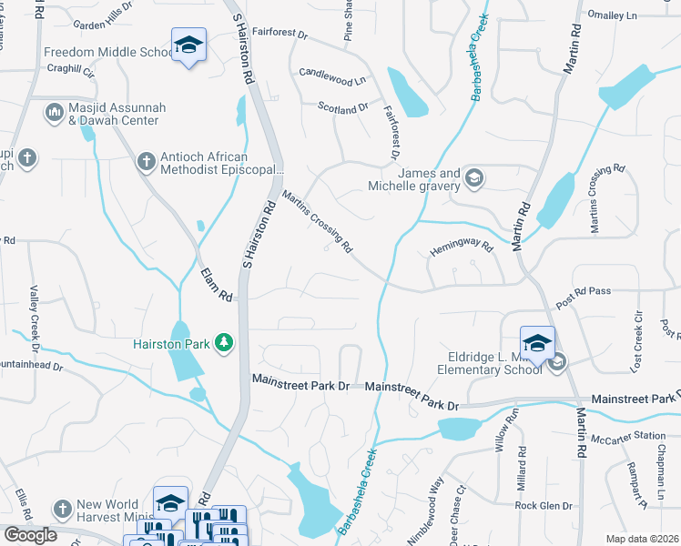 map of restaurants, bars, coffee shops, grocery stores, and more near 4903 Martins Crossing Road in Stone Mountain