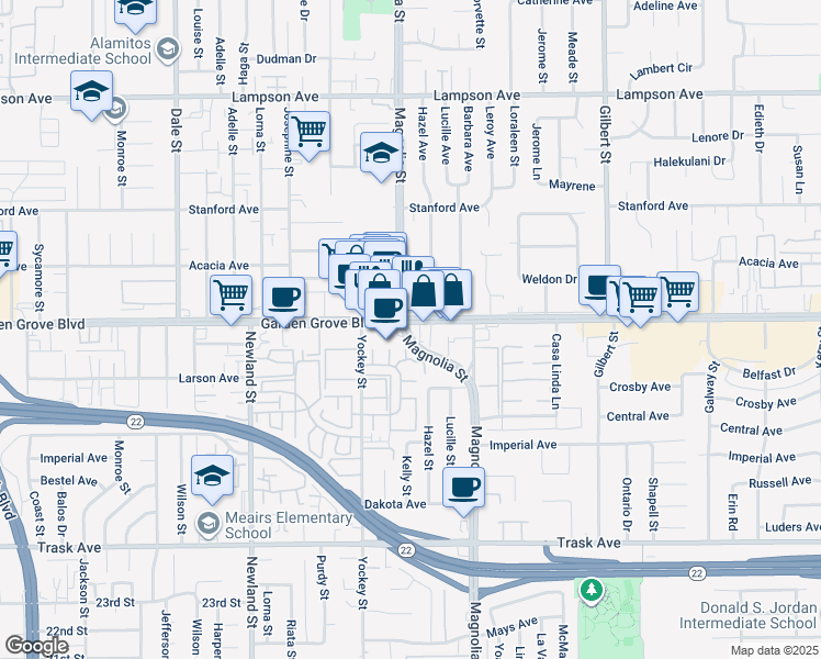 map of restaurants, bars, coffee shops, grocery stores, and more near 9001 Garden Grove Boulevard in Garden Grove