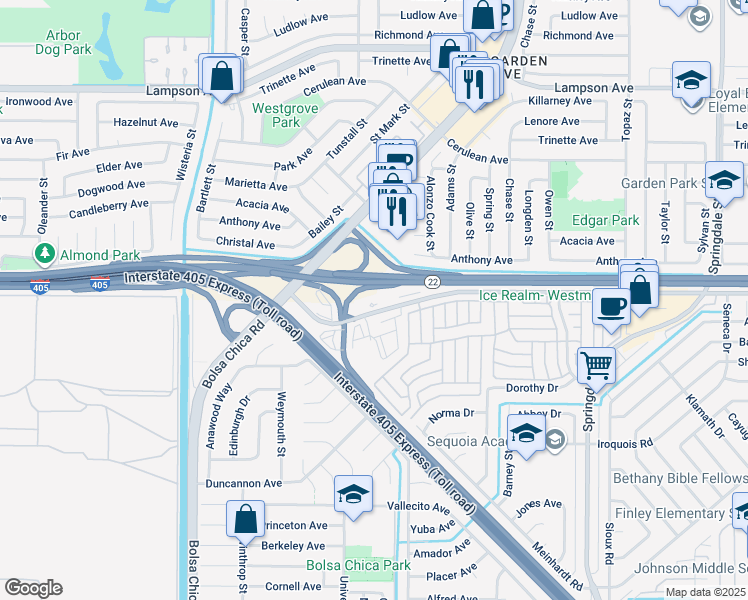 map of restaurants, bars, coffee shops, grocery stores, and more near 5505 Garden Grove Boulevard in Westminster