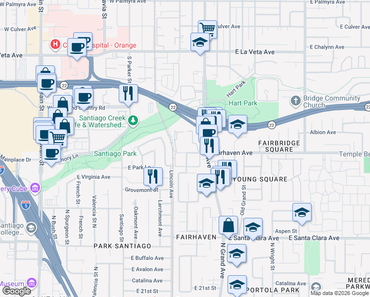 map of restaurants, bars, coffee shops, grocery stores, and more near 1201 Fairhaven Avenue in Santa Ana