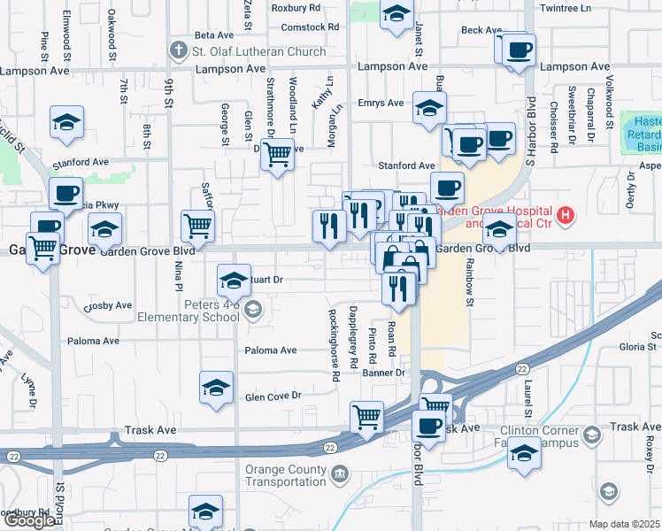map of restaurants, bars, coffee shops, grocery stores, and more near 11959 Sycamore Lane in Garden Grove