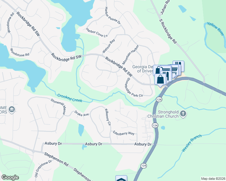 map of restaurants, bars, coffee shops, grocery stores, and more near 738 Stonebridge Crescent in Lithonia
