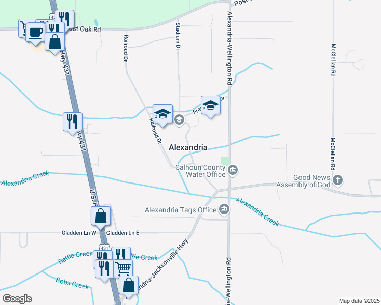 map of restaurants, bars, coffee shops, grocery stores, and more near 191 Stadium Drive in Alexandria