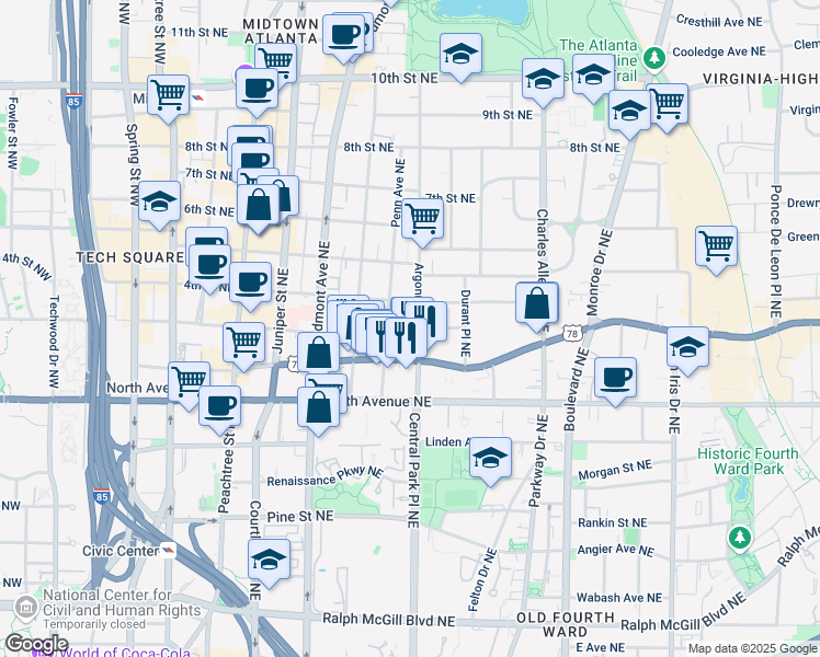 map of restaurants, bars, coffee shops, grocery stores, and more near 708 Argonne Avenue Northeast in Atlanta