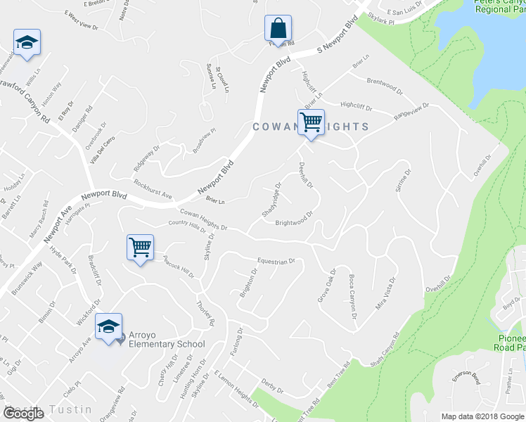 map of restaurants, bars, coffee shops, grocery stores, and more near 10461 Shadyridge Drive in Santa Ana
