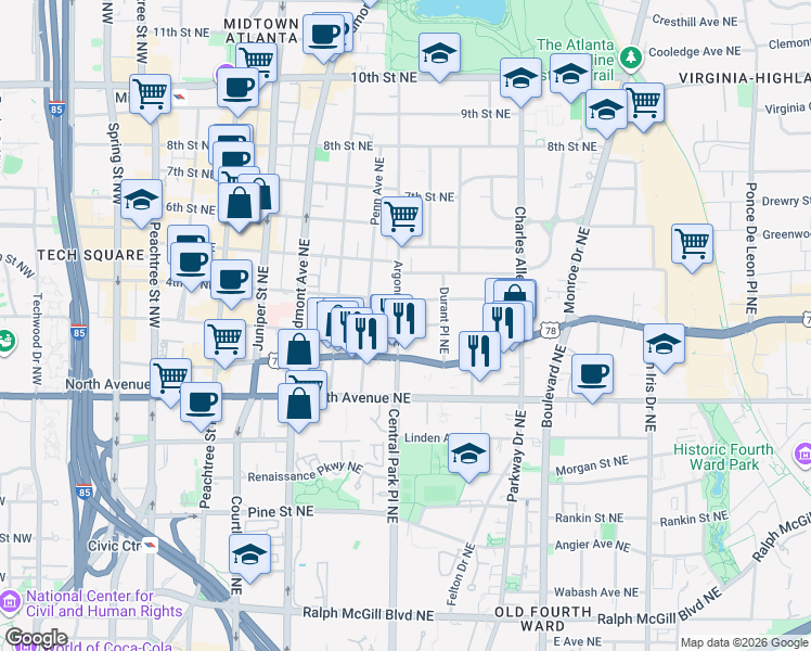map of restaurants, bars, coffee shops, grocery stores, and more near 699 Argonne Avenue Northeast in Atlanta