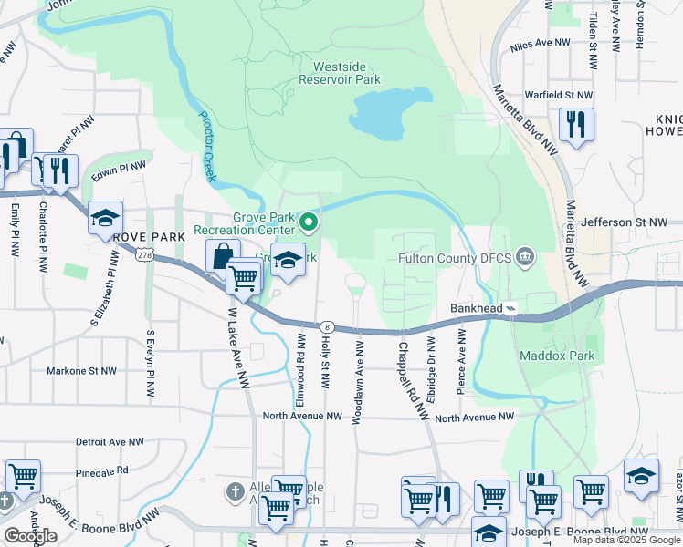 map of restaurants, bars, coffee shops, grocery stores, and more near 686 Elinor Place Northwest in Atlanta