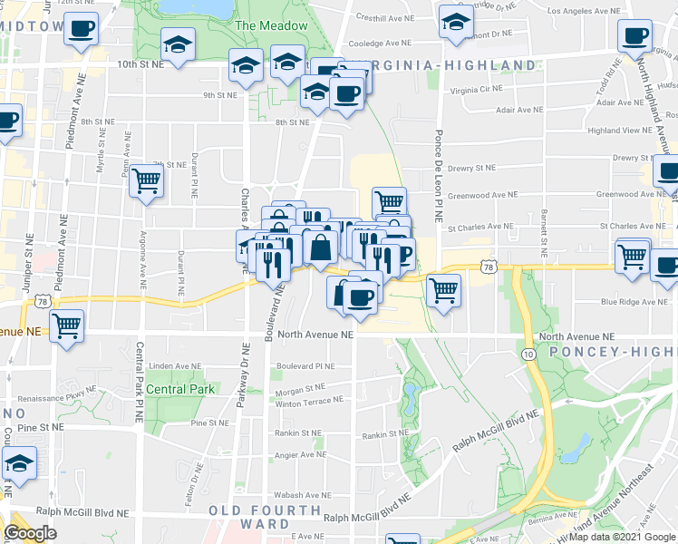 map of restaurants, bars, coffee shops, grocery stores, and more near Ponce De Leon Ave NE & Ponce De Leon Ct NE in Atlanta