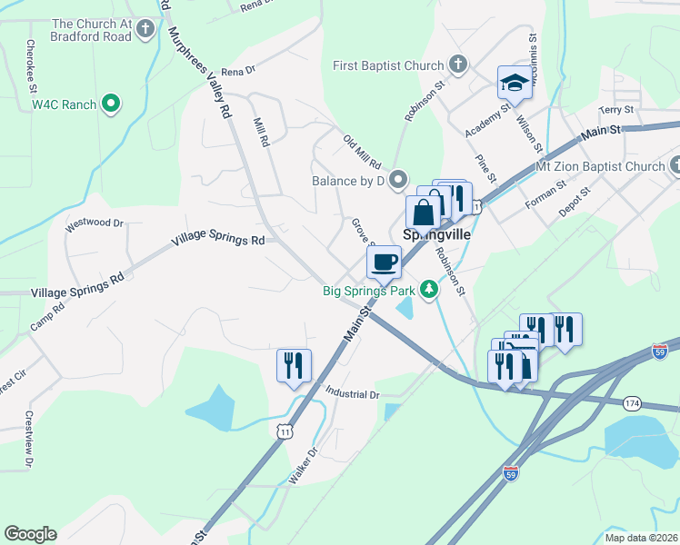 map of restaurants, bars, coffee shops, grocery stores, and more near 125 Aderholt Road in Springville