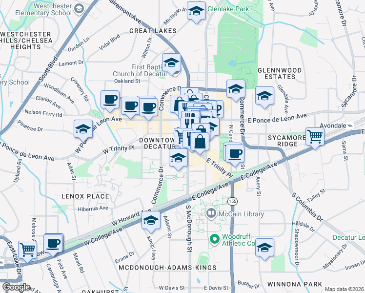 map of restaurants, bars, coffee shops, grocery stores, and more near 556 North McDonough Street in Decatur
