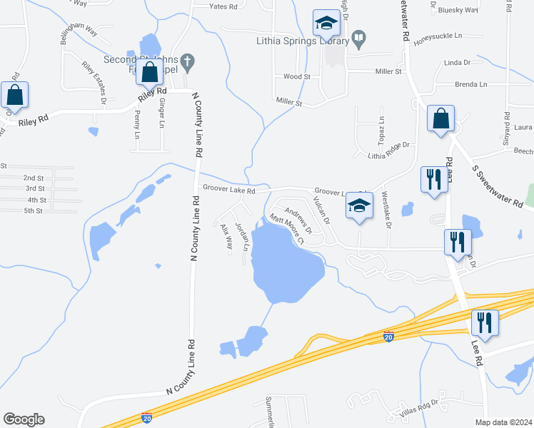 map of restaurants, bars, coffee shops, grocery stores, and more near 1175 Matt Moore Court in Lithia Springs