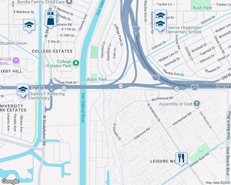 map of restaurants, bars, coffee shops, grocery stores, and more near 13021 Oak Hills Drive in Seal Beach