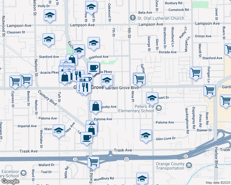 map of restaurants, bars, coffee shops, grocery stores, and more near 11362 Garden Grove Boulevard in Garden Grove