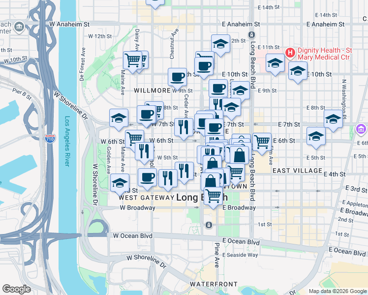 map of restaurants, bars, coffee shops, grocery stores, and more near 527 North Cedar Avenue in Long Beach