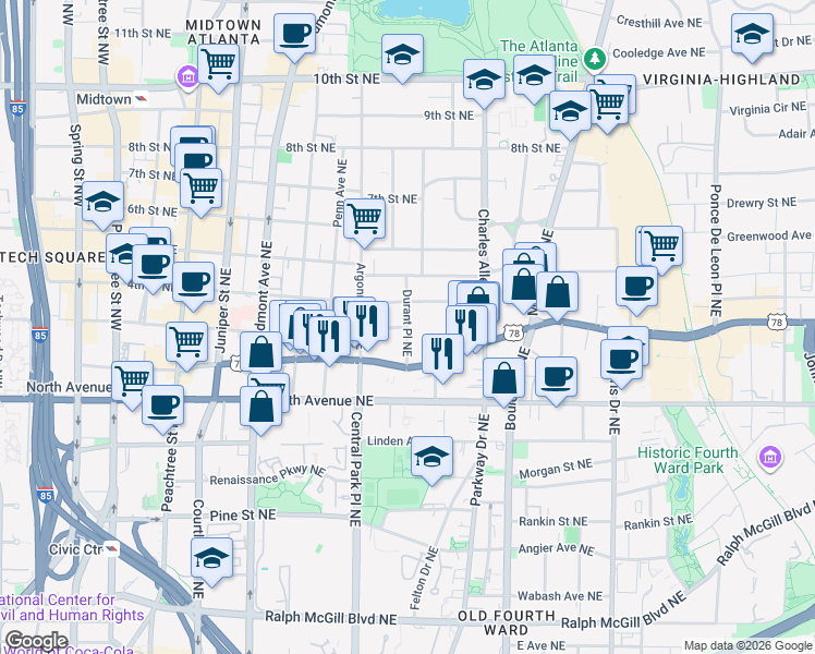 map of restaurants, bars, coffee shops, grocery stores, and more near 3rd Street Northeast & Durant Place Northeast in Atlanta