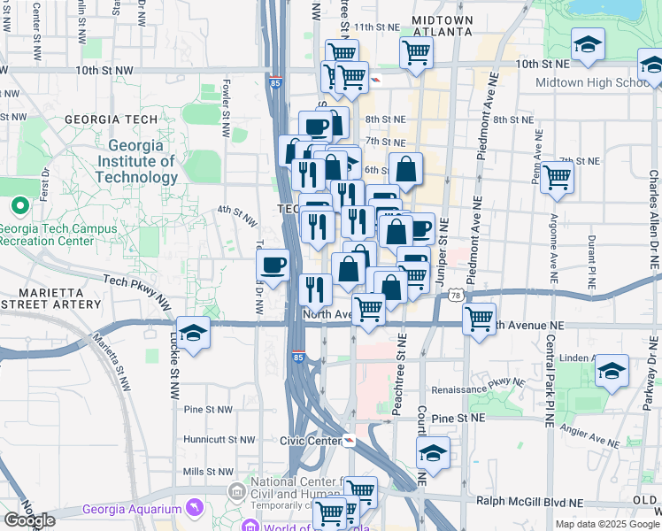 map of restaurants, bars, coffee shops, grocery stores, and more near 721 Spring Street Northwest in Atlanta