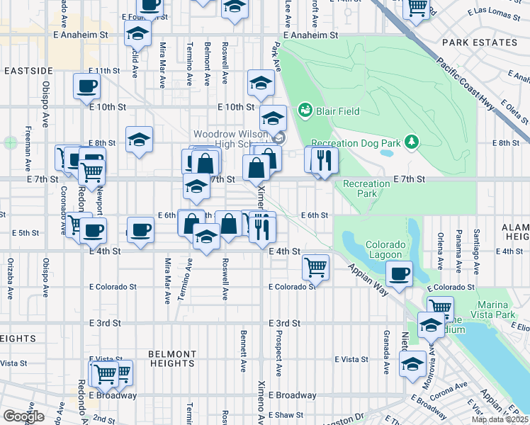 map of restaurants, bars, coffee shops, grocery stores, and more near 600 Ximeno Avenue in Long Beach