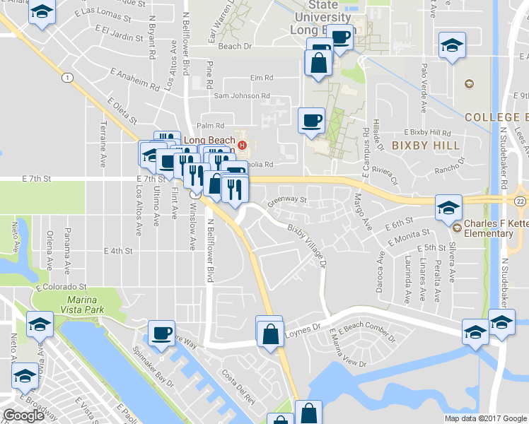 map of restaurants, bars, coffee shops, grocery stores, and more near 5920 Bixby Village Dr in Long Beach