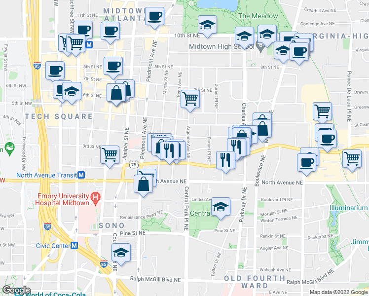 map of restaurants, bars, coffee shops, grocery stores, and more near 710 Argonne Avenue Northeast in Atlanta