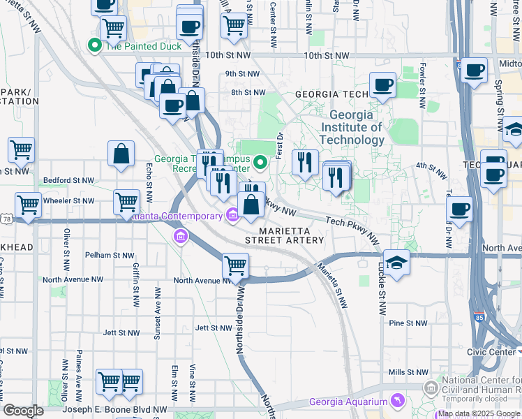 map of restaurants, bars, coffee shops, grocery stores, and more near 755 Marietta Street NorthWest in Atlanta
