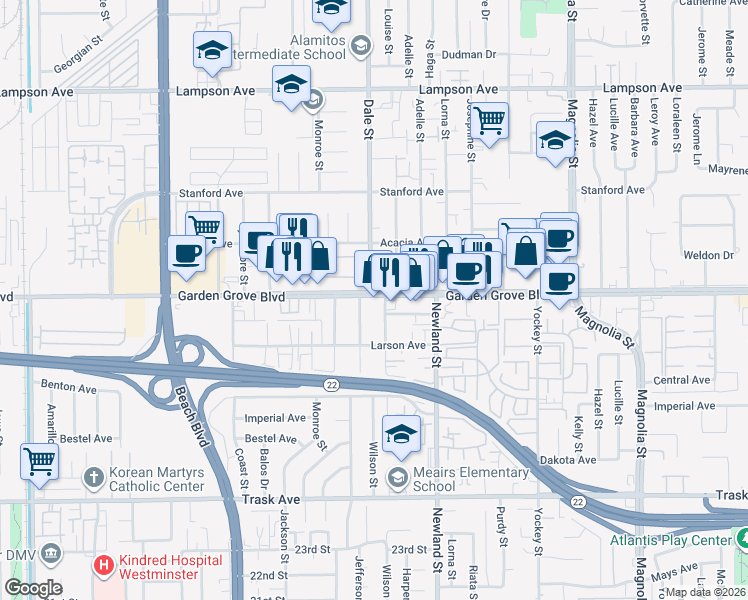 map of restaurants, bars, coffee shops, grocery stores, and more near 8502 Garden Grove Boulevard in Garden Grove