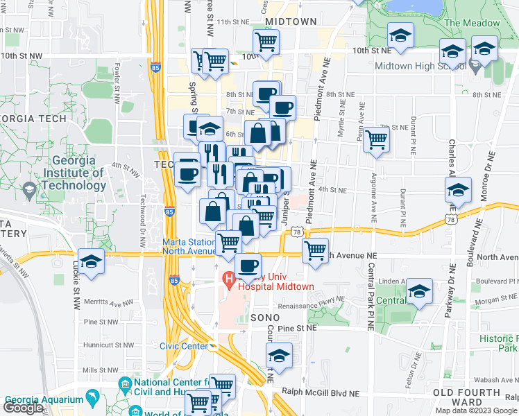 map of restaurants, bars, coffee shops, grocery stores, and more near 701 Peachtree Street Northeast in Atlanta
