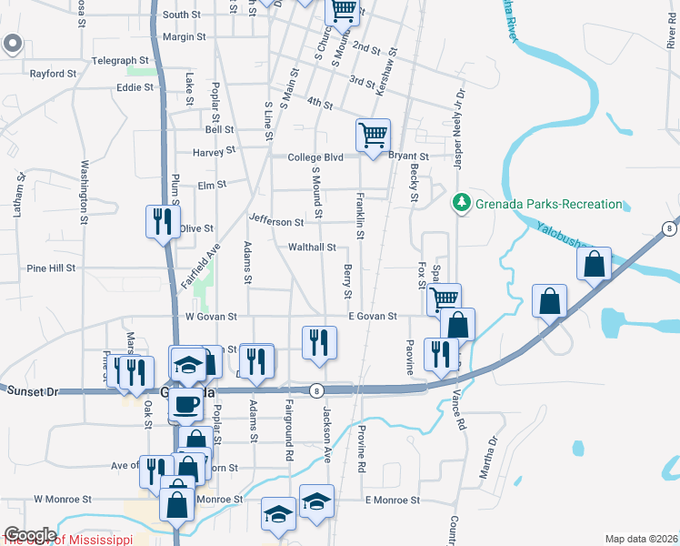 map of restaurants, bars, coffee shops, grocery stores, and more near 1074 Berry Street in Grenada