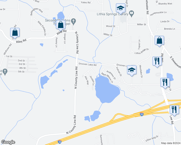 map of restaurants, bars, coffee shops, grocery stores, and more near 2774 Jordan Lane in Lithia Springs