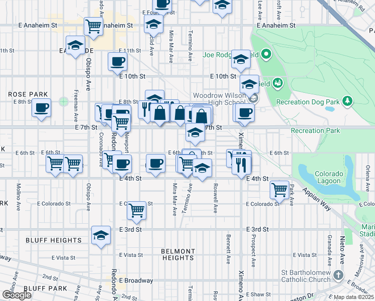 map of restaurants, bars, coffee shops, grocery stores, and more near 603 Termino Avenue in Long Beach