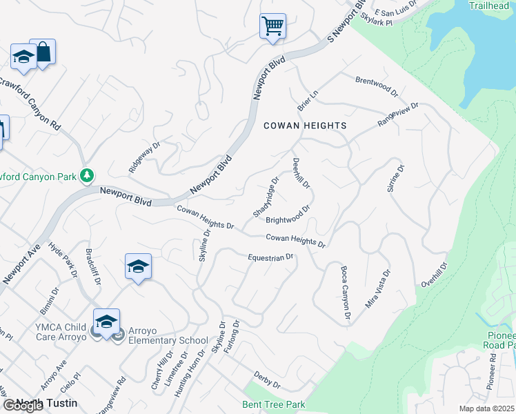 map of restaurants, bars, coffee shops, grocery stores, and more near 10461 Shadyridge Drive in Santa Ana