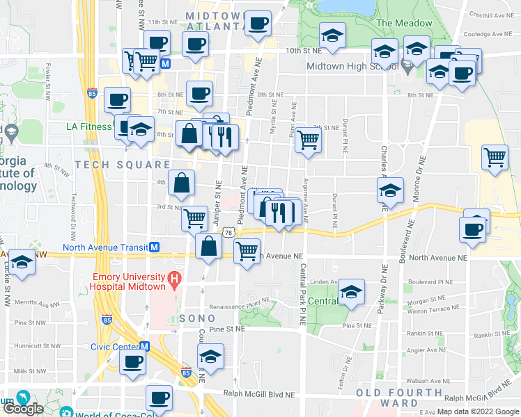 map of restaurants, bars, coffee shops, grocery stores, and more near 698 Myrtle Street Northeast in Atlanta