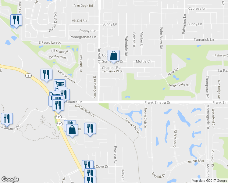 map of restaurants, bars, coffee shops, grocery stores, and more near 70120 Frank Sinatra Drive in Rancho Mirage