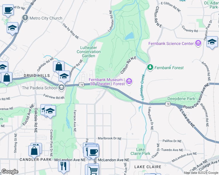 map of restaurants, bars, coffee shops, grocery stores, and more near Ponce De Leon Ave NE & Clifton Rd NE in Atlanta