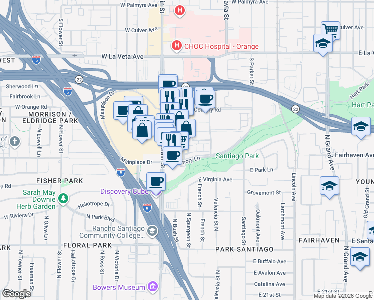 map of restaurants, bars, coffee shops, grocery stores, and more near 189 East City Place Drive in Santa Ana