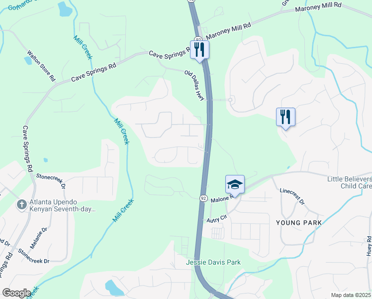 map of restaurants, bars, coffee shops, grocery stores, and more near 5325 Brickleberry Way in Douglasville