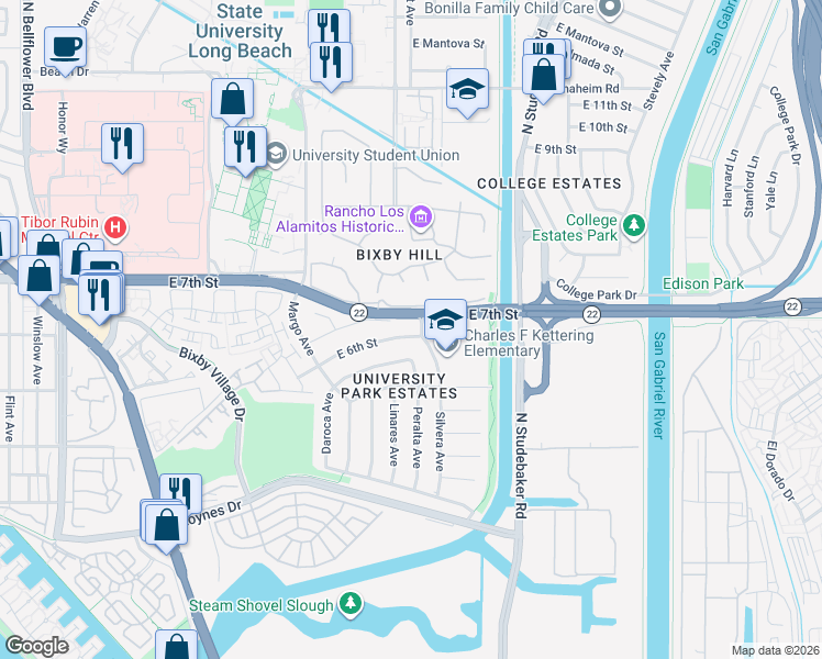 map of restaurants, bars, coffee shops, grocery stores, and more near 6283 East 6th Street in Long Beach