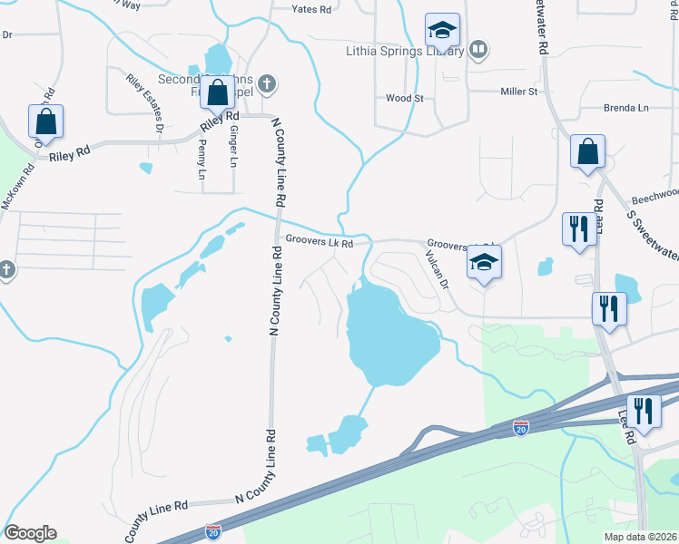 map of restaurants, bars, coffee shops, grocery stores, and more near 2794 Jordan Lane in Lithia Springs