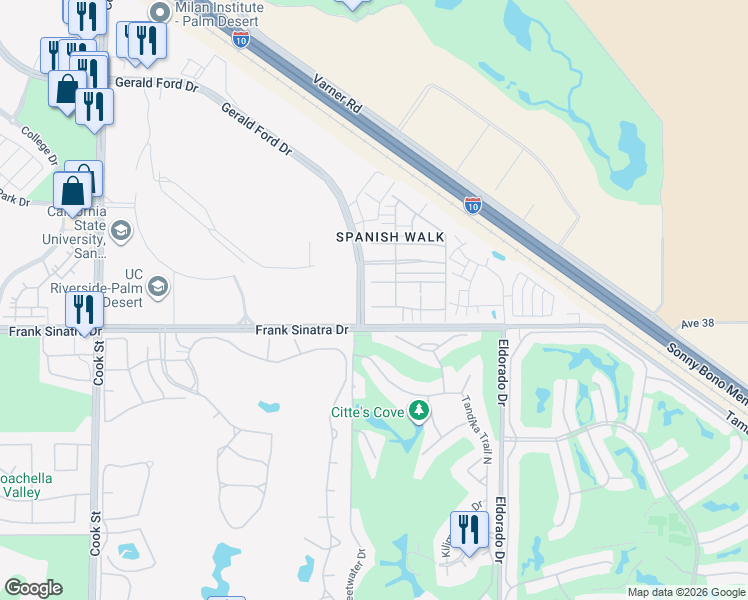 map of restaurants, bars, coffee shops, grocery stores, and more near 505 Via De La Paz in Palm Desert