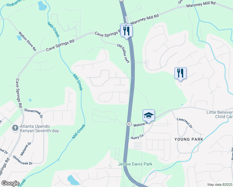 map of restaurants, bars, coffee shops, grocery stores, and more near 5329 Brickleberry Way in Douglasville