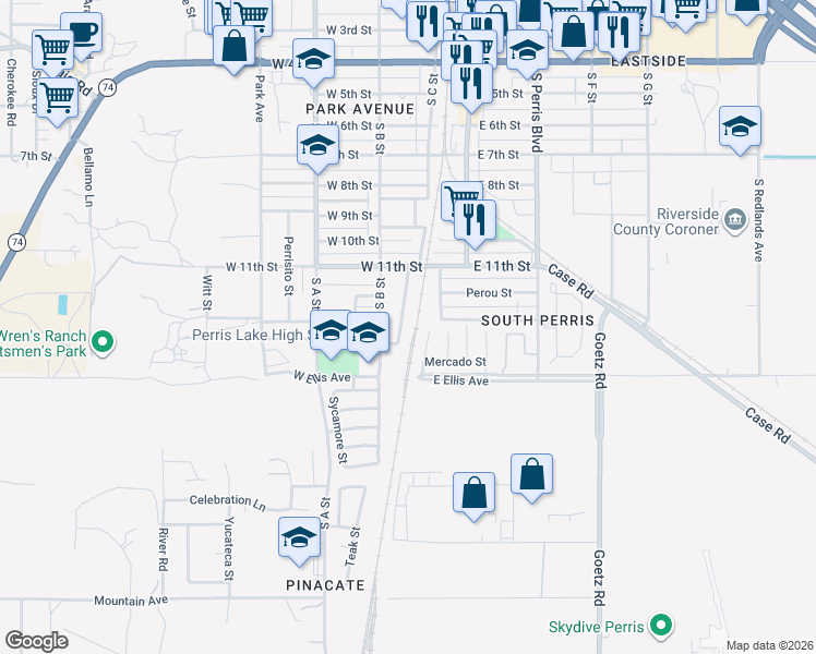 map of restaurants, bars, coffee shops, grocery stores, and more near 1341 Palisades Street in Perris