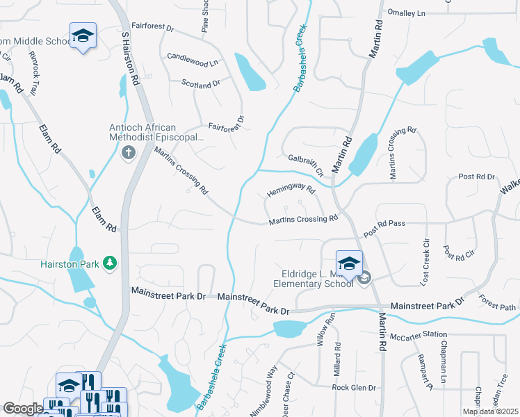 map of restaurants, bars, coffee shops, grocery stores, and more near 815 Hemingway Road in Stone Mountain