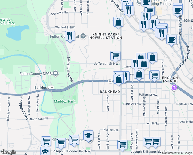 map of restaurants, bars, coffee shops, grocery stores, and more near Robert Smalls Way in Atlanta
